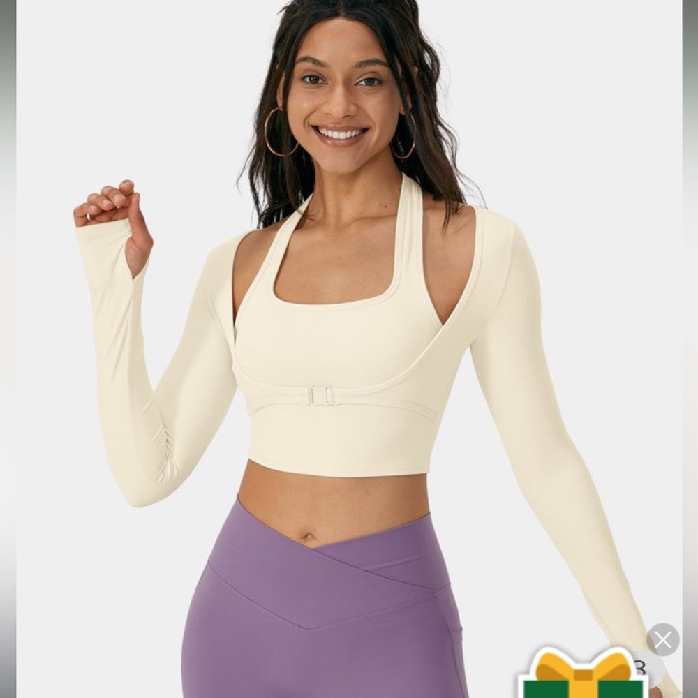 Halara NWT Fabric Halter Thumb Hole Long Sleeve Cropped 2-in-1 Sports Top